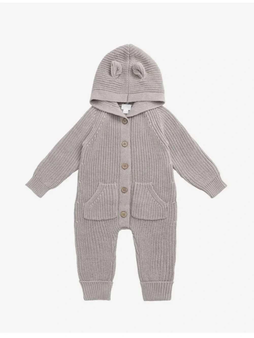 Jamie Kay Knit Hooded Baby One-Piece Bear Romper in Grey